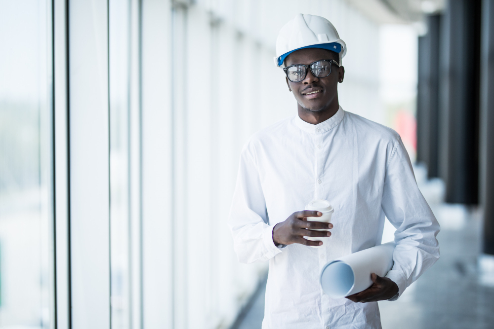 happy-afro-american-architect-helmet-holding-design-project-near-modern-building